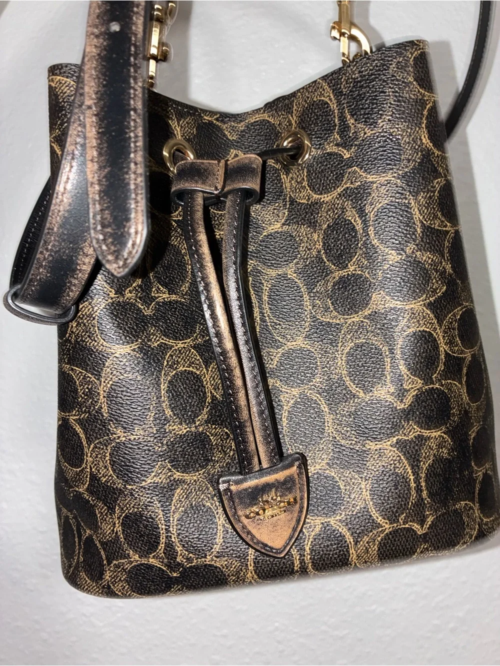 Coach Brown Signature Drawstring Crossbody Bucket Bag with Gold Hardware